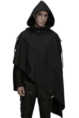 Hooded waterproof gothic wasteland techwear cape front view on male model, black asymmetric design with metal buckle collar and 3D pocket details