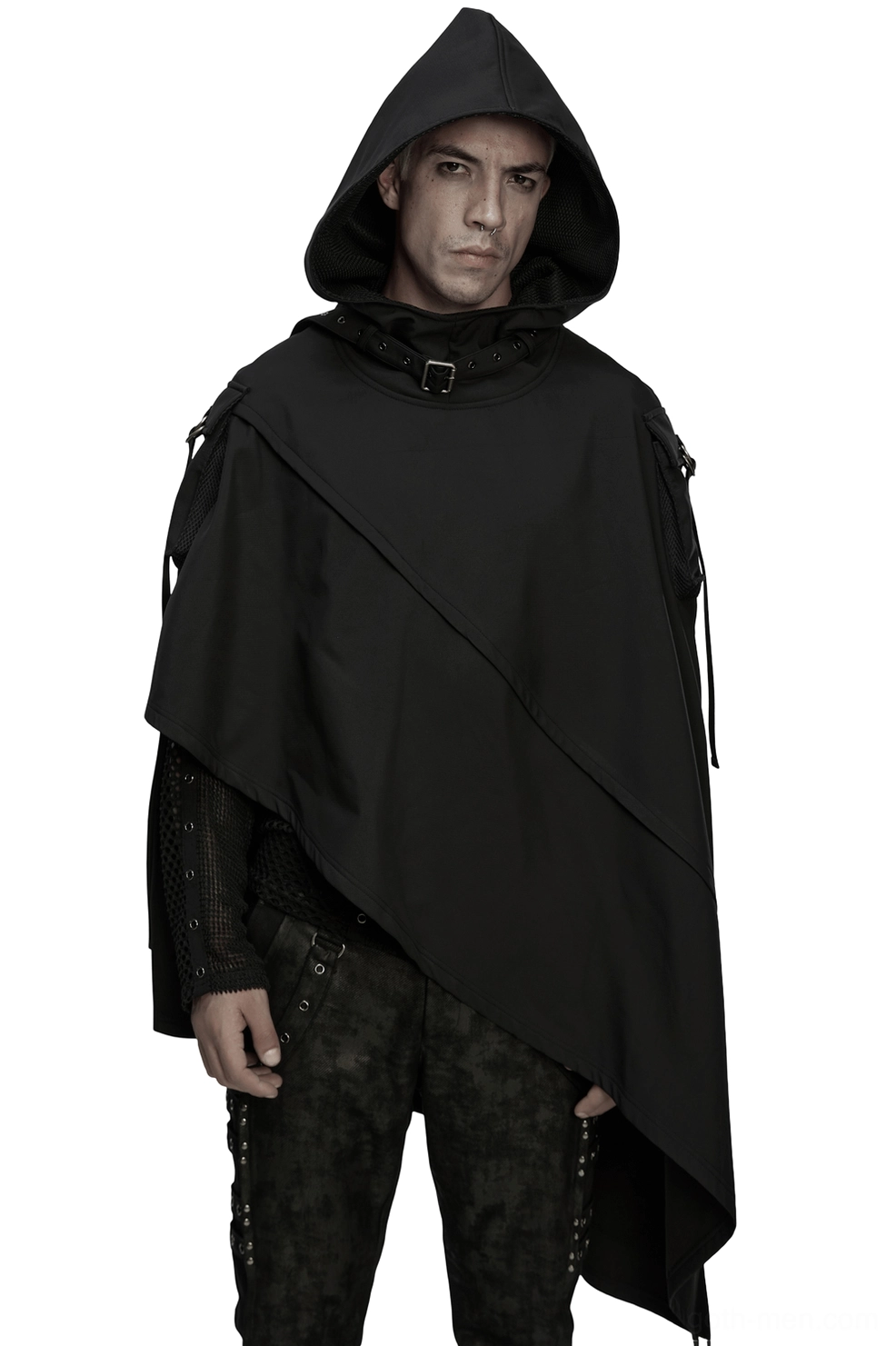 Hooded waterproof gothic wasteland techwear cape front view on male model, black asymmetric design with metal buckle collar and 3D pocket details