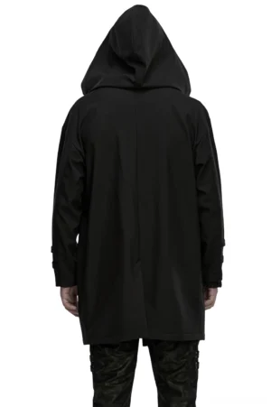 Back view of black gothic techwear jacket showing clean back seaming, long sleeve design, and matte waterproof fabric finish