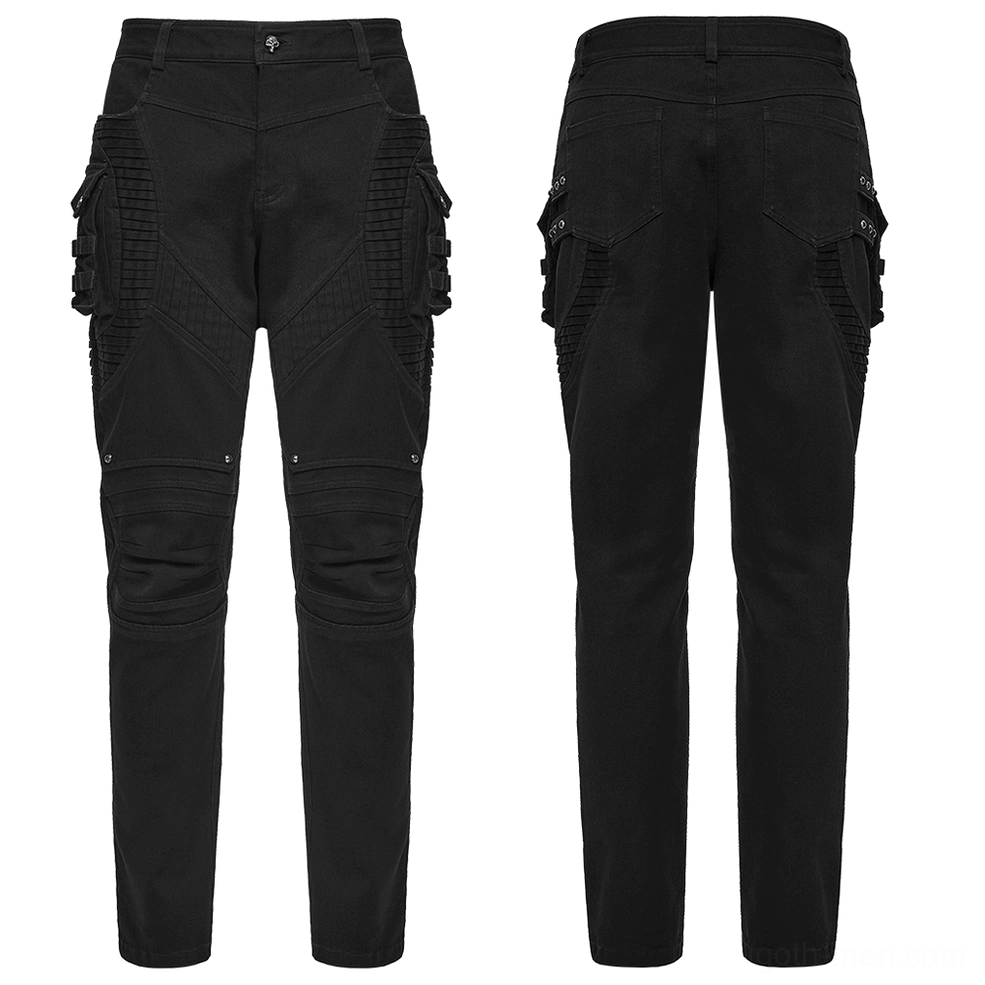 Black techwear pants flat lay front and back display with accordion pleats and utility pockets