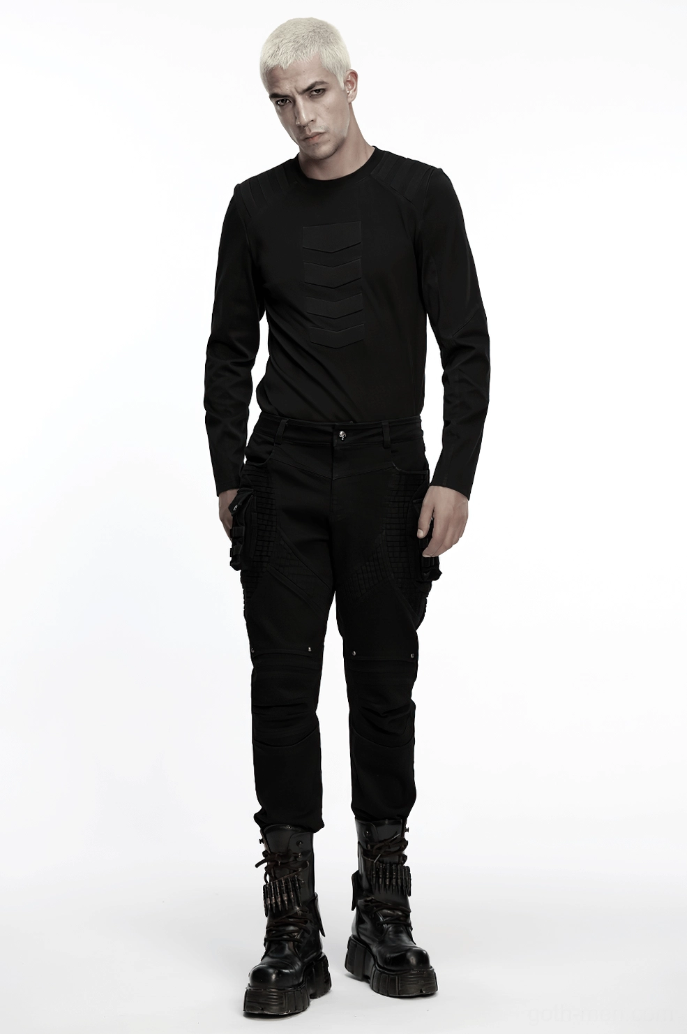 Black gothic techwear pants waist and pocket closure detail with button fly mechanism