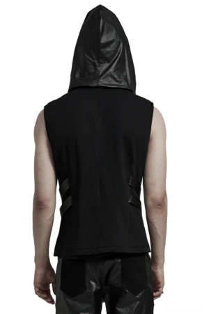 Back view of black gothic hoodie vest with leather hood trim and side strap details on male model