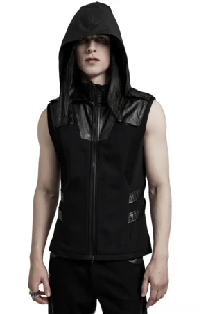 Black gothic techwear sleeveless hoodie with leather shoulder accents and front zipper worn by male model front view