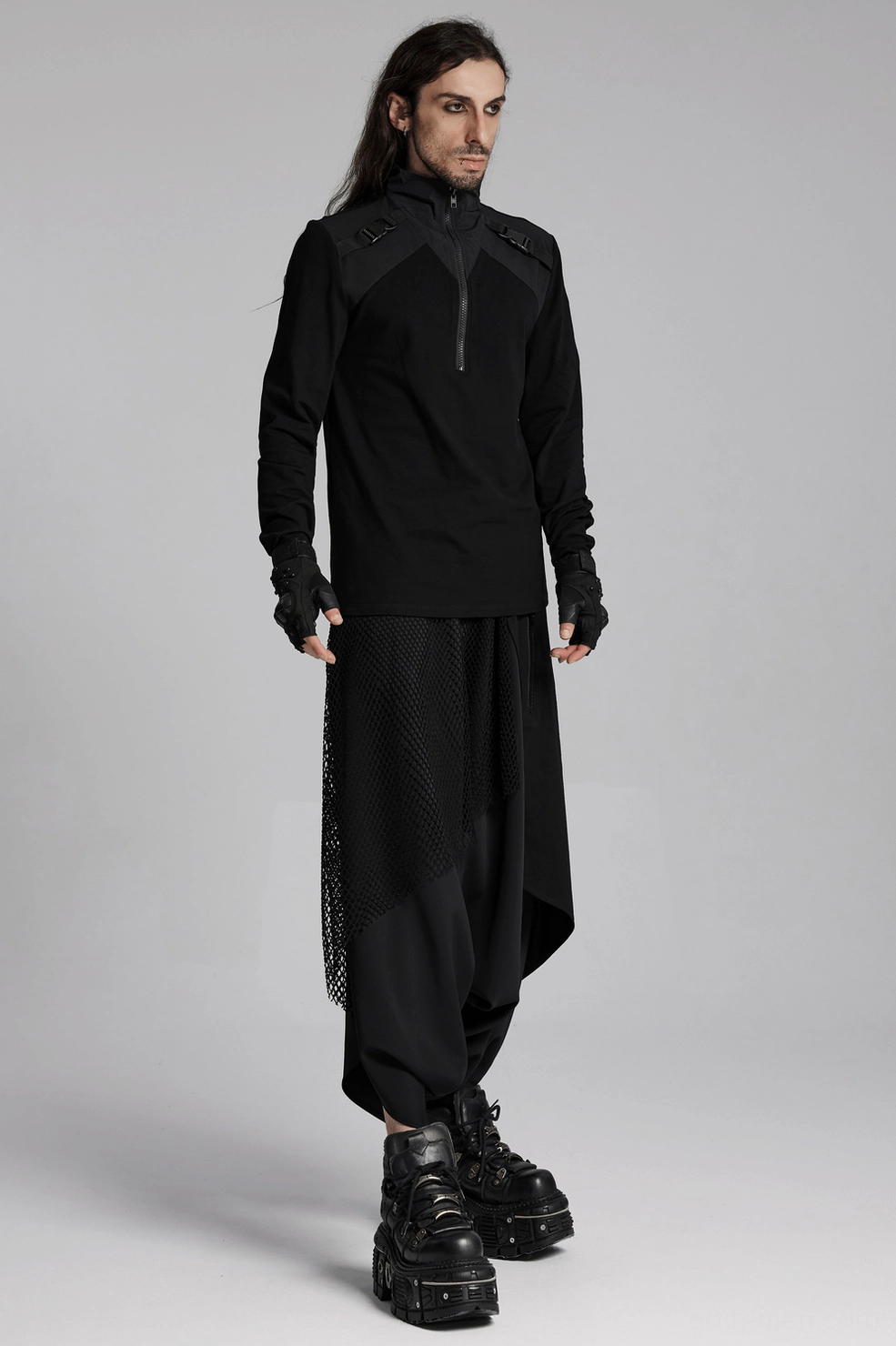 Black gothic techwear zippered sweatshirt fabric texture and knit composition close-up