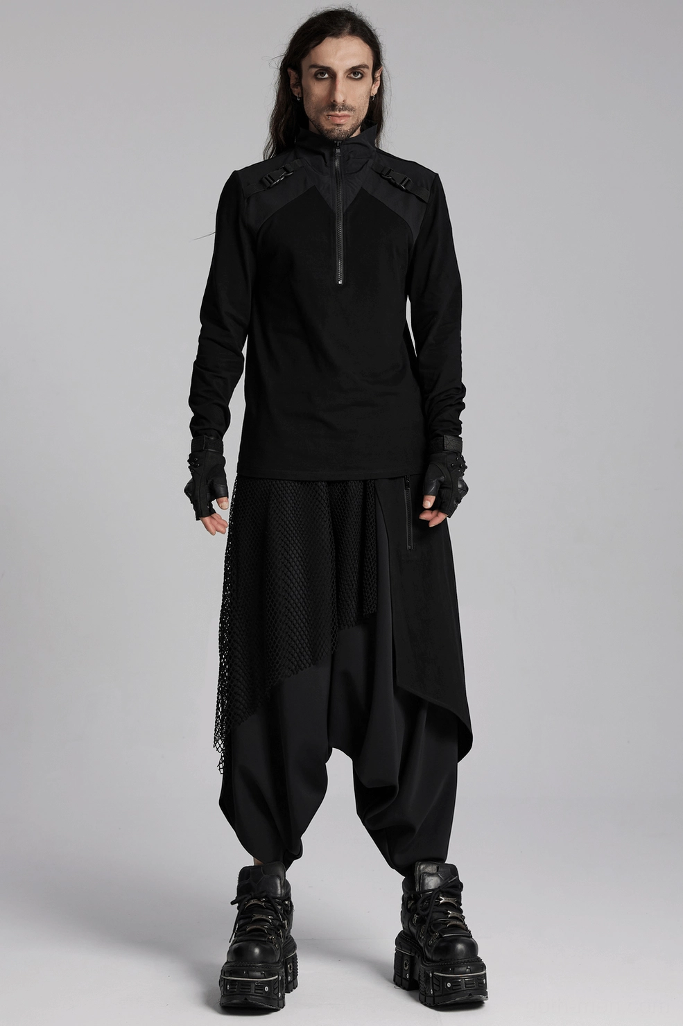 Black gothic techwear sweatshirt mesh panel detail showing inelastic polyamide reinforcement