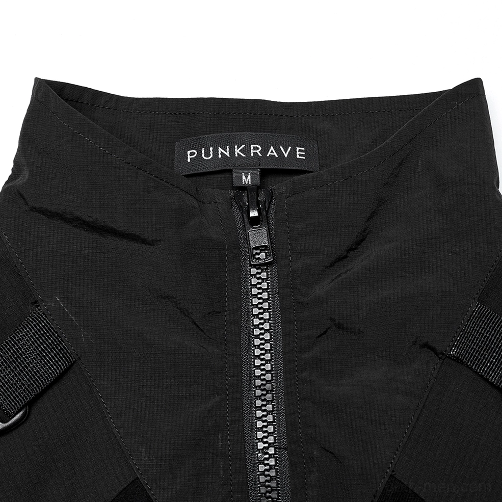 Close-up of metal half-zip closure and high stand collar construction detail