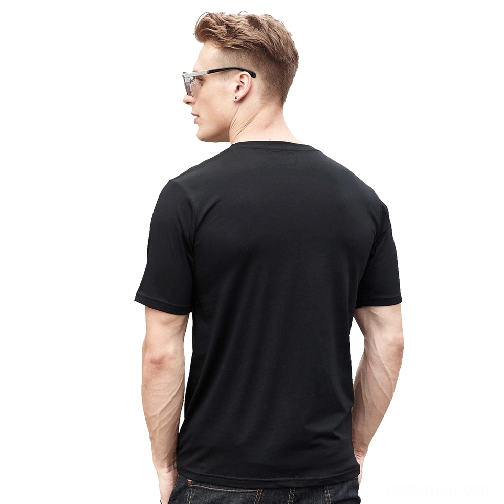 Male model wearing black Baphomet gothic t-shirt, rear angle shot studio background