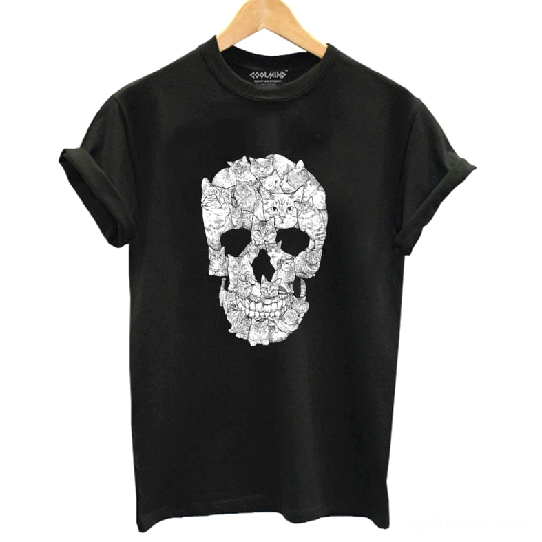 Black gothic t-shirt hanging on hanger flat lay showing cat skull print design and crew neck collar with rolled cuffs detail