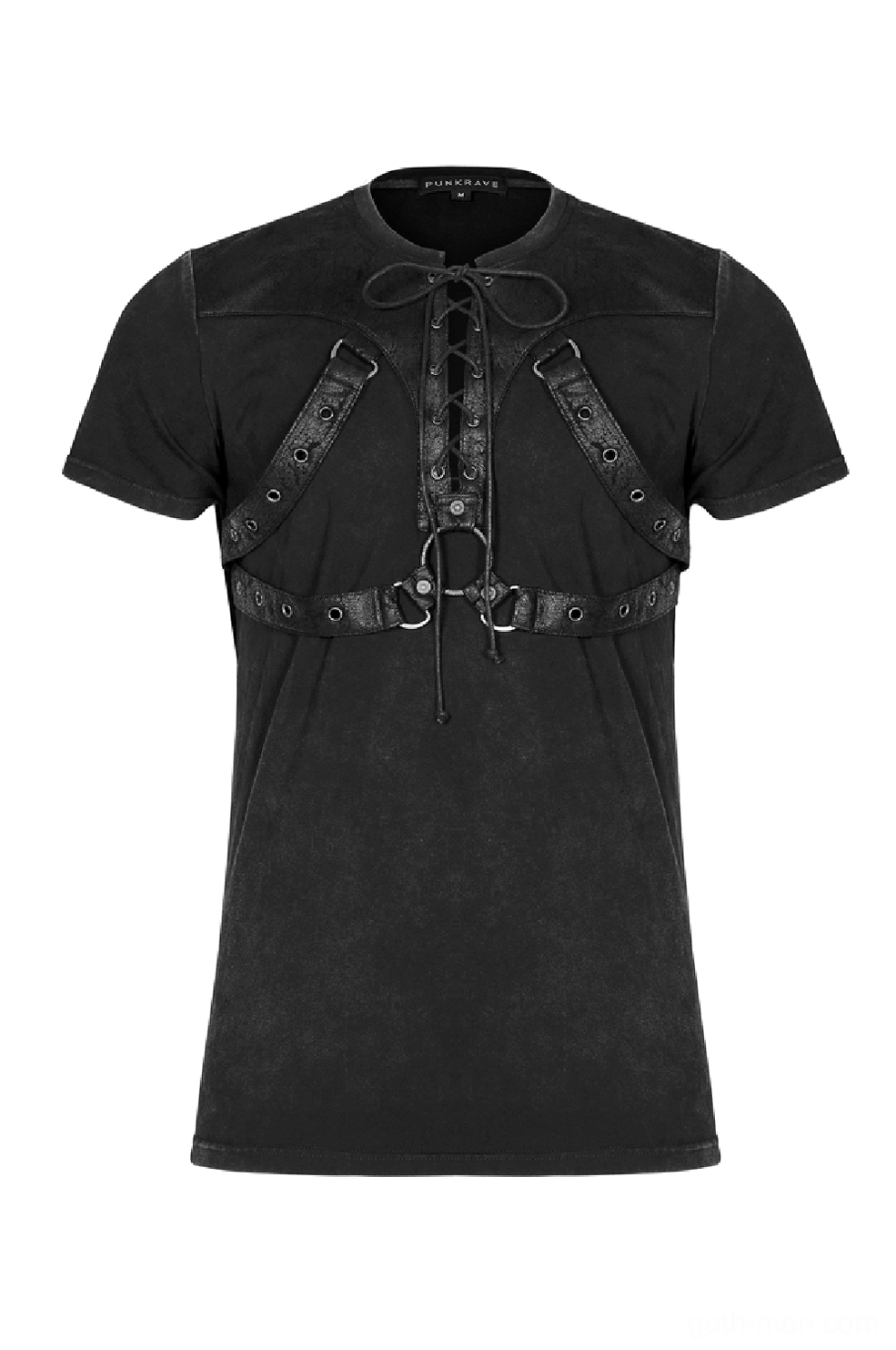 Close-up front view gothic harness t-shirt leather lace-up chest detail with metal hardware