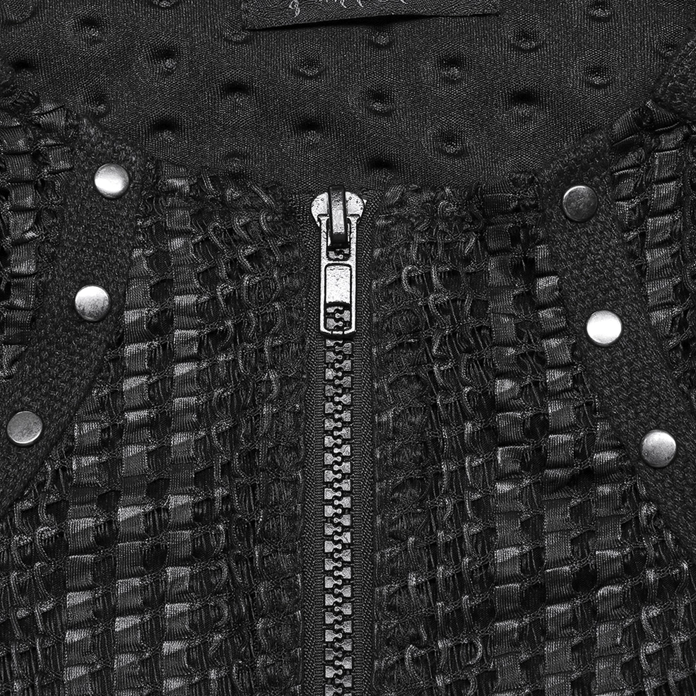Close-up detail of half-zip metal fastener, rivet closures, and woven mesh panel on gothic tactical tee