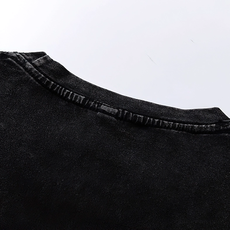 Rear neckline detail showing double-stitched seam on black anxiety graphic tee
