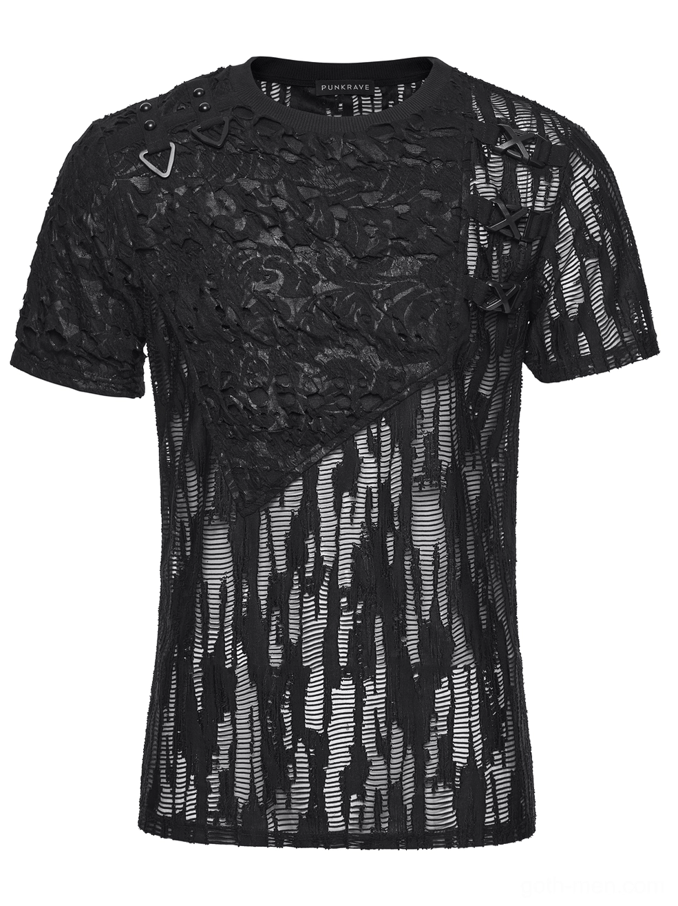 Black mesh gothic T-shirt front flat lay detail showcasing shoulder metal buckles and embroidered floral accent panel