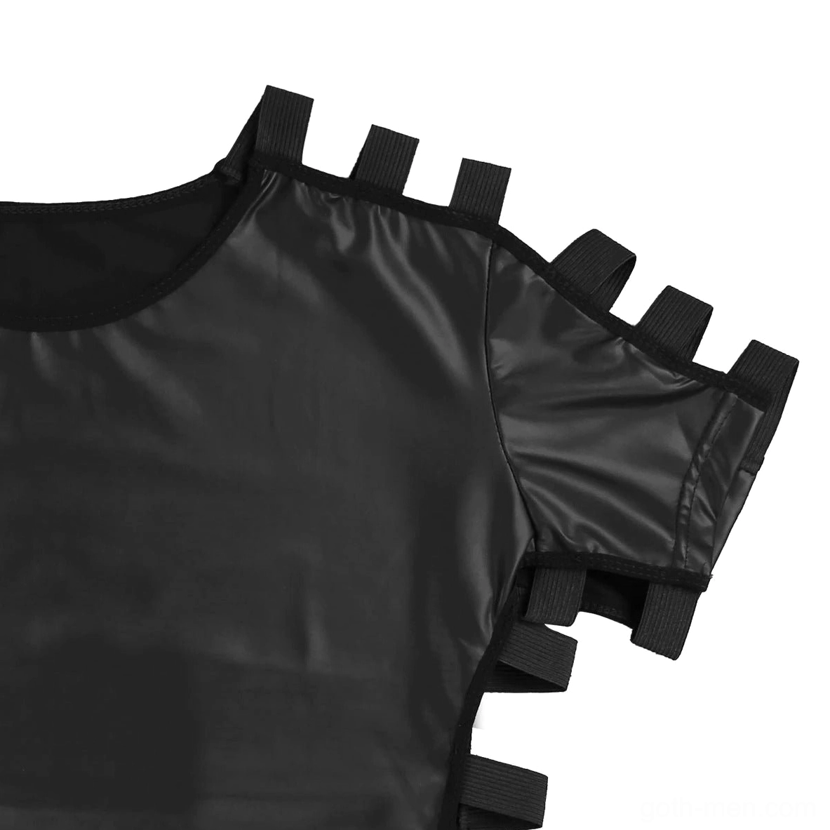 Close-up detail of shoulder cutout with elastic straps on men's gothic faux leather t-shirt
