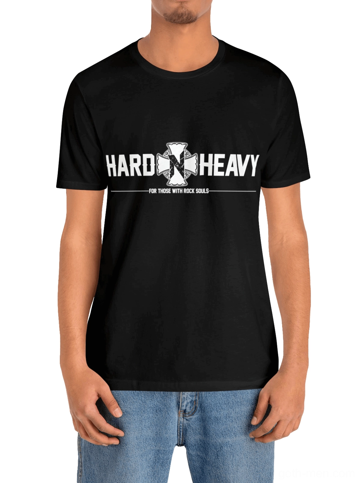 Black gothic t-shirt styled with blue jeans model front