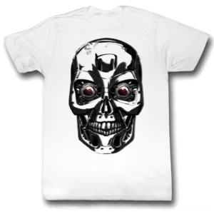 Dark terminator skull gothic t-shirt with red eyes cyberpunk print on white cotton, flat lay front view