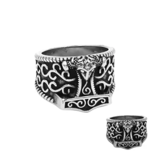 Gothic Thor hammer stainless steel biker ring with Celtic knot scroll engravings front oblique view silver-black vintage finish