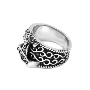 Mini compact size gothic Thor's hammer Celtic knot stainless steel ring straight front view detailed carving pattern