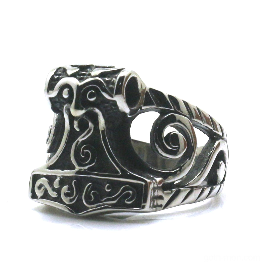 Gothic Thor's Hammer Mjolnir Viking ring in polished 316L stainless steel with intricate hollow Nordic scroll carving design - front side view