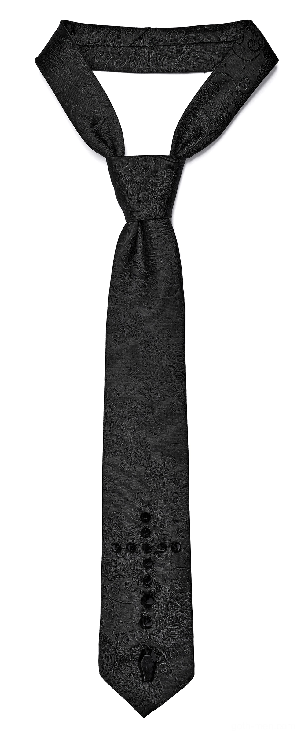 Black jacquard gothic necktie front flat lay detail highlighting cross rivet design and intricate woven paisley texture pattern