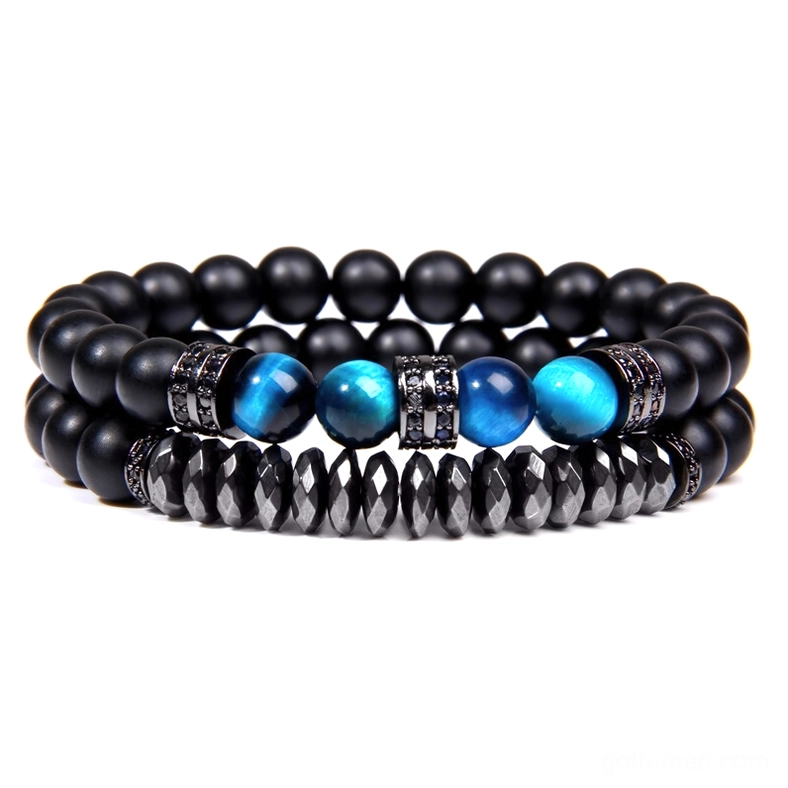 Double-layer gothic bracelet with onyx beads, blue tiger eye, and black silver rhinestone spacers