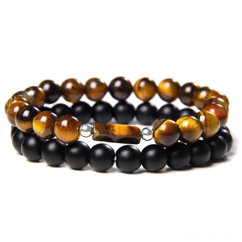 Tiger eye stone beads gothic bracelet with black onyx - double layer unisex wrist jewelry flat lay