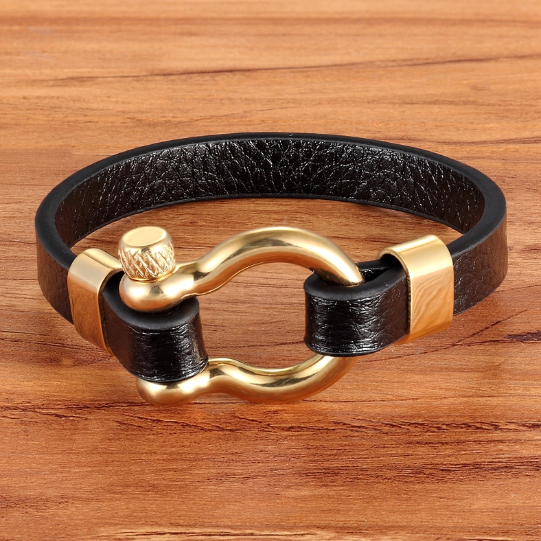 Black genuine leather gothic bracelet with adjustable circle toggle fastening - unisex alternative jewelry design