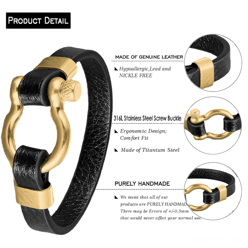 Gothic circle toggle bracelet material details - 316L stainless steel, genuine leather, handmade craftsmanship