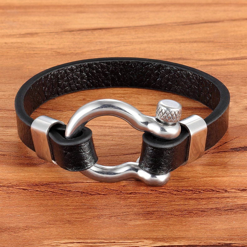 Close-up detail of 316L stainless steel toggle mechanism on gothic leather bracelet - precision craftsmanship