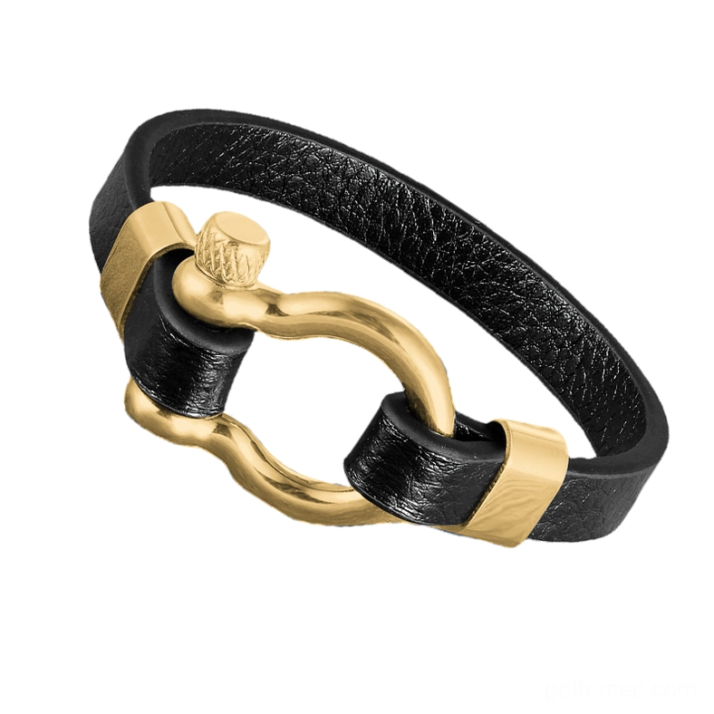 Gold and black two-tone gothic leather bracelet with industrial circle toggle clasp - steampunk inspired design