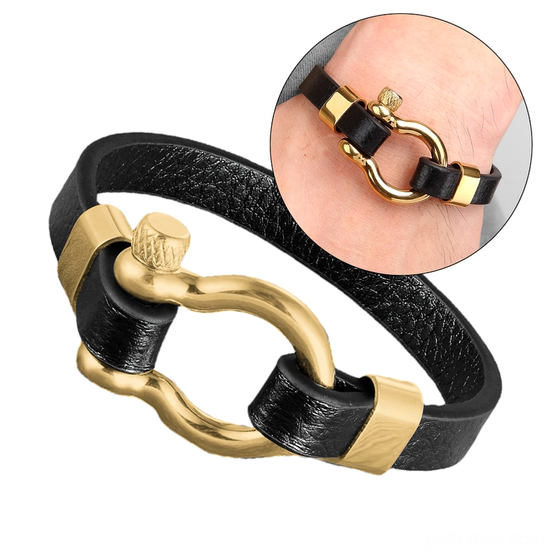 Gold finish gothic circle toggle leather bracelet - baroque minimalism meets industrial style