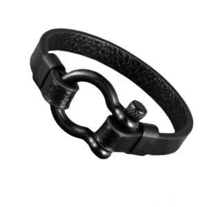 All-black gothic circle toggle leather bracelet with matte black stainless steel clasp - minimalist alternative jewelry