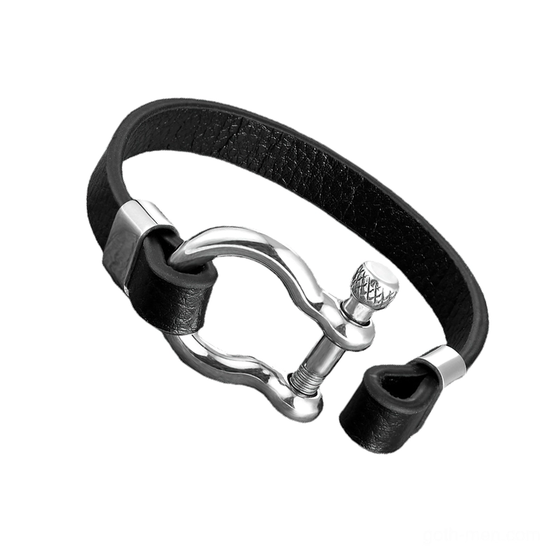 Silver and black two-tone gothic circle toggle leather bracelet - contemporary dark aesthetic jewelry