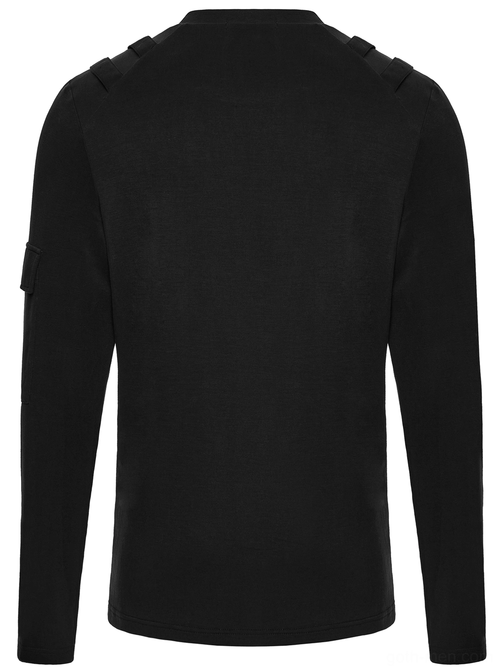 Back flat lay of black gothic long-sleeve top showing shoulder stud embellishments and solid construction