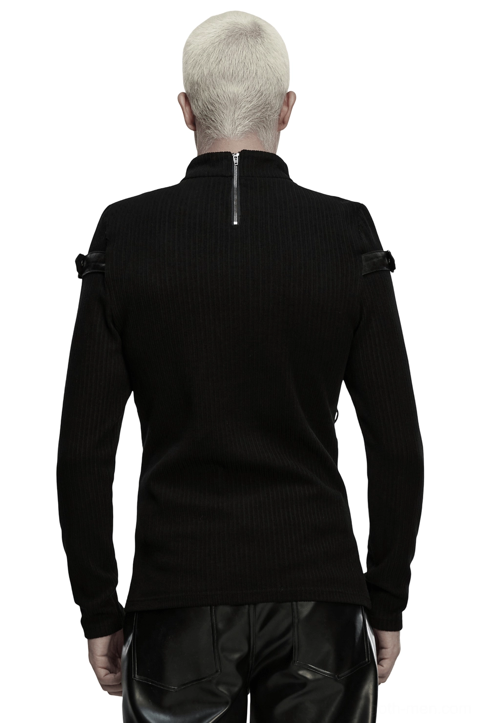 Black gothic sweatshirt top back view showing exposed zipper and shoulder strap details
