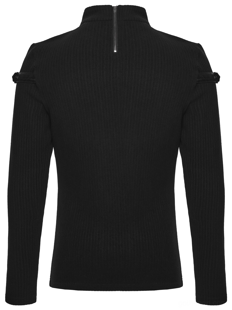 Back flat lay of gothic sweatshirt top showing rear exposed zipper and engineered shoulder straps