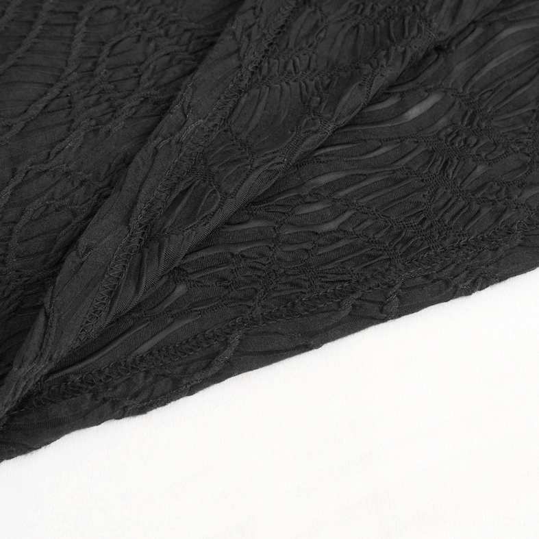 Close-up of black wavy crinkled body fabric texture on gothic stand collar top