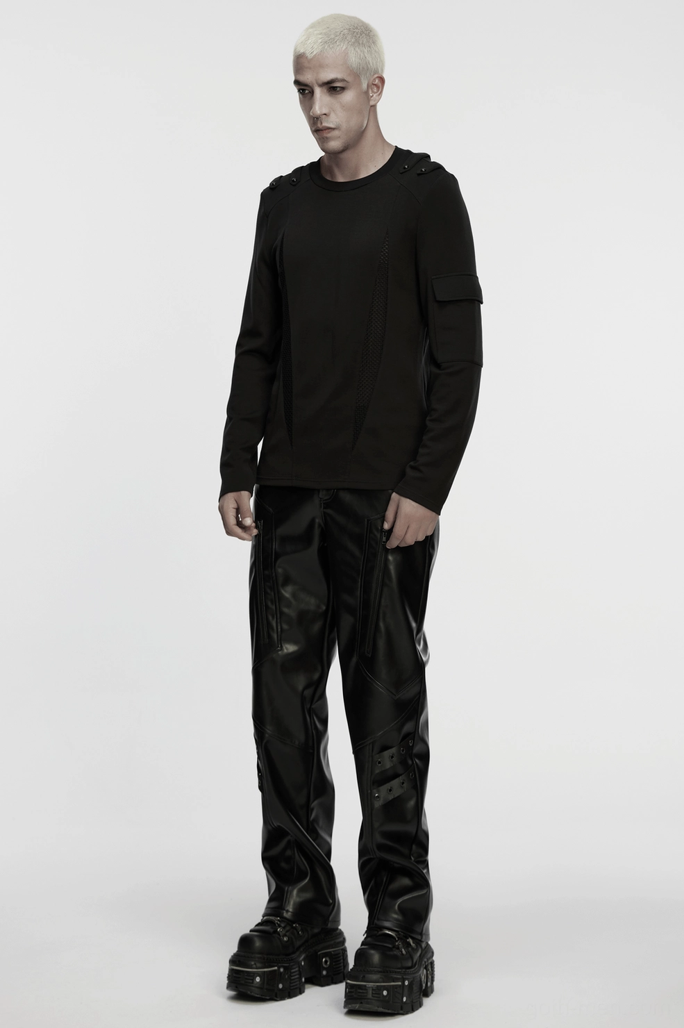 Product care and maintenance instructions for black gothic long-sleeve top with mesh panels