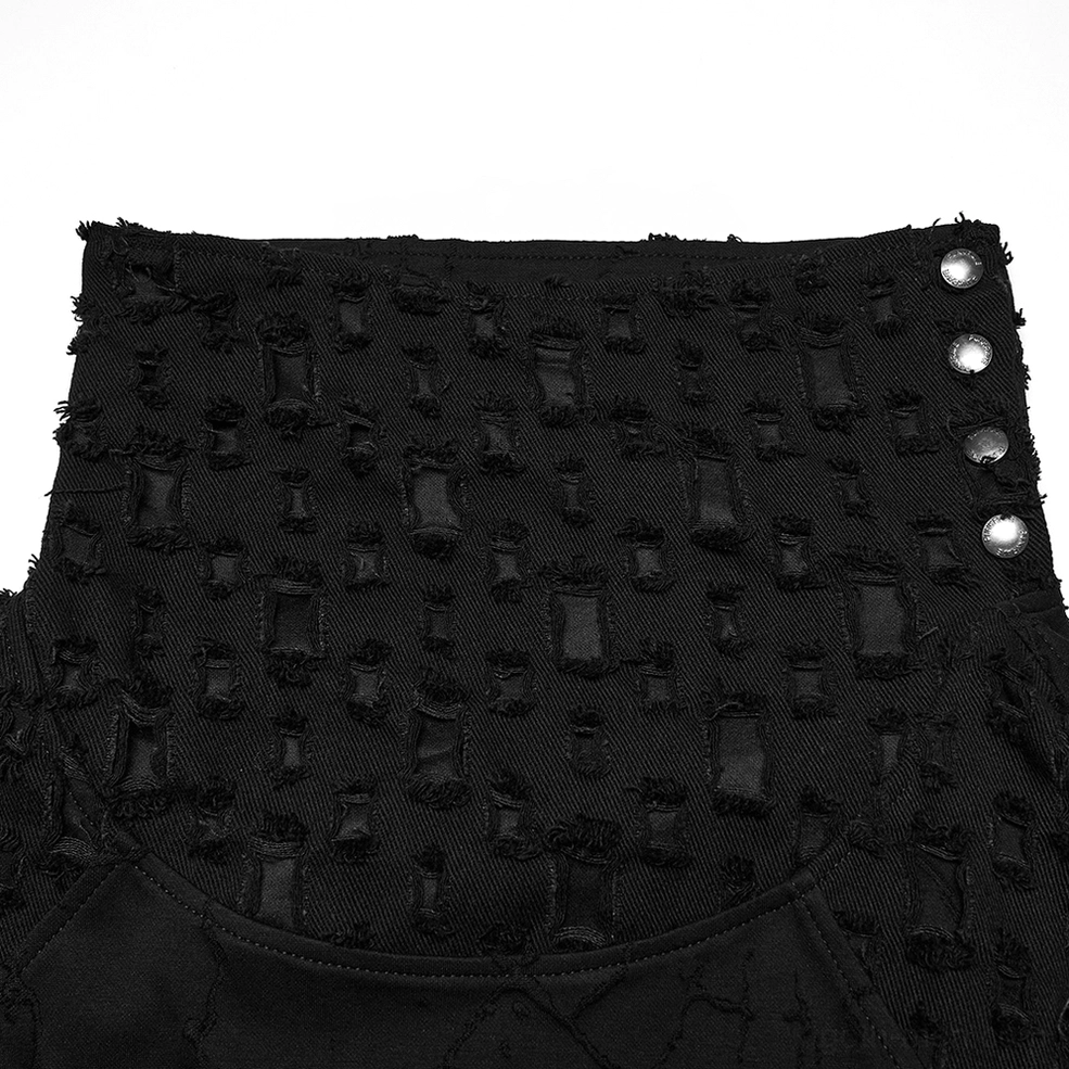 Close-up of black gothic top stand collar detail, distressed frayed fabric edge, metal snap button fastening mechanism