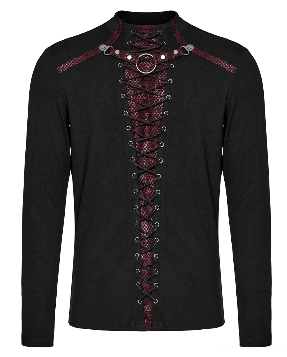 Close-up flat lay of men's gothic top showing stand collar with metal O-ring hardware and black knit fabric texture details
