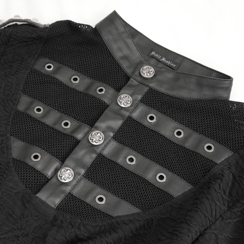 Detailed view of stand collar with faux leather trim, metal buttons and rivet-strapped mesh panel on gothic top