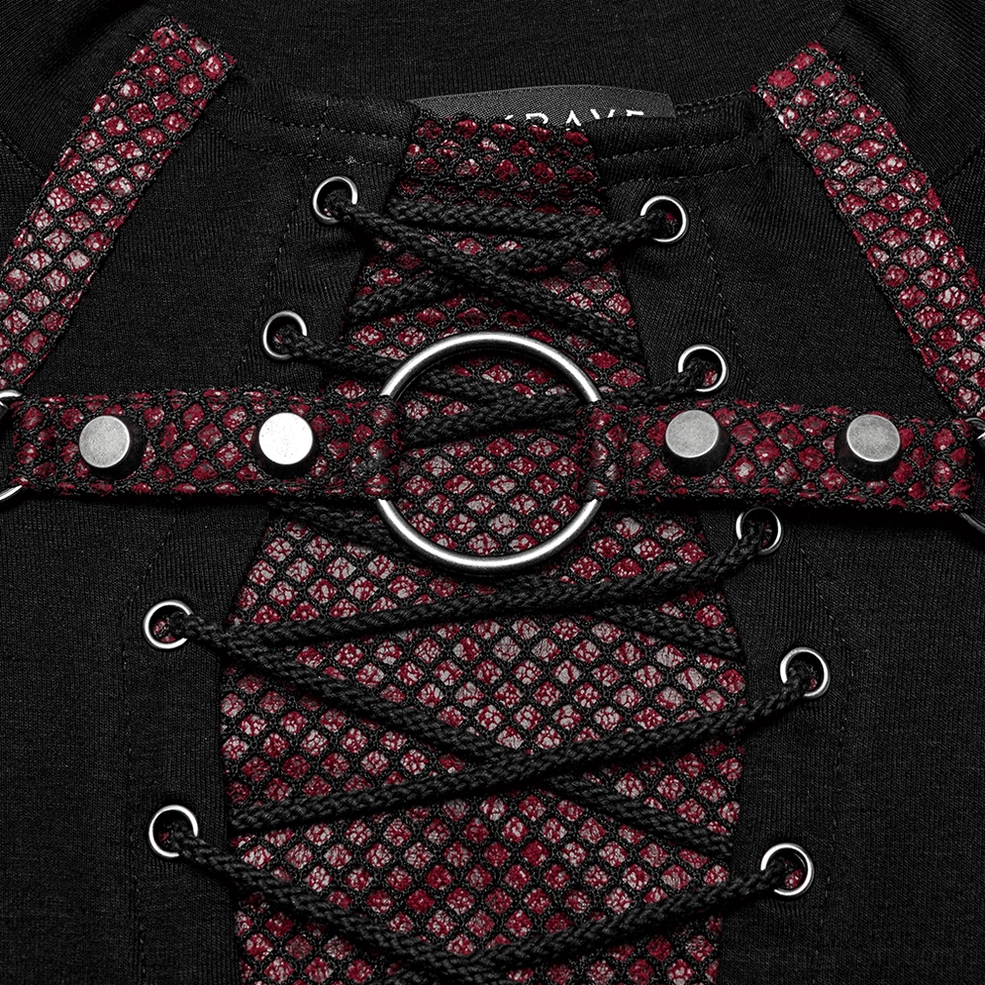 Detailed close-up of men's gothic top collar showing metal O-ring accent with studded red strap and brand construction quality
