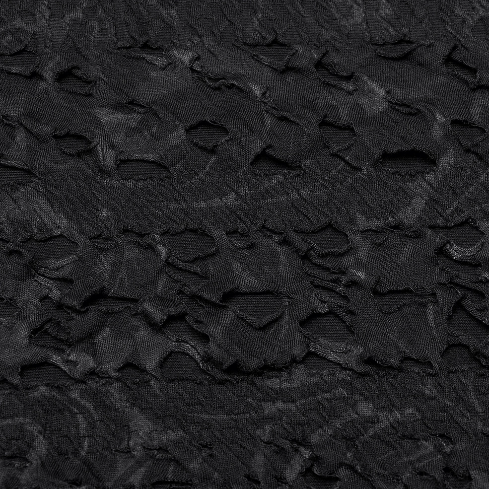 Textured fabric close-up of gothic men's mesh long sleeve top showing distressed broken weave pattern and all-black color depth