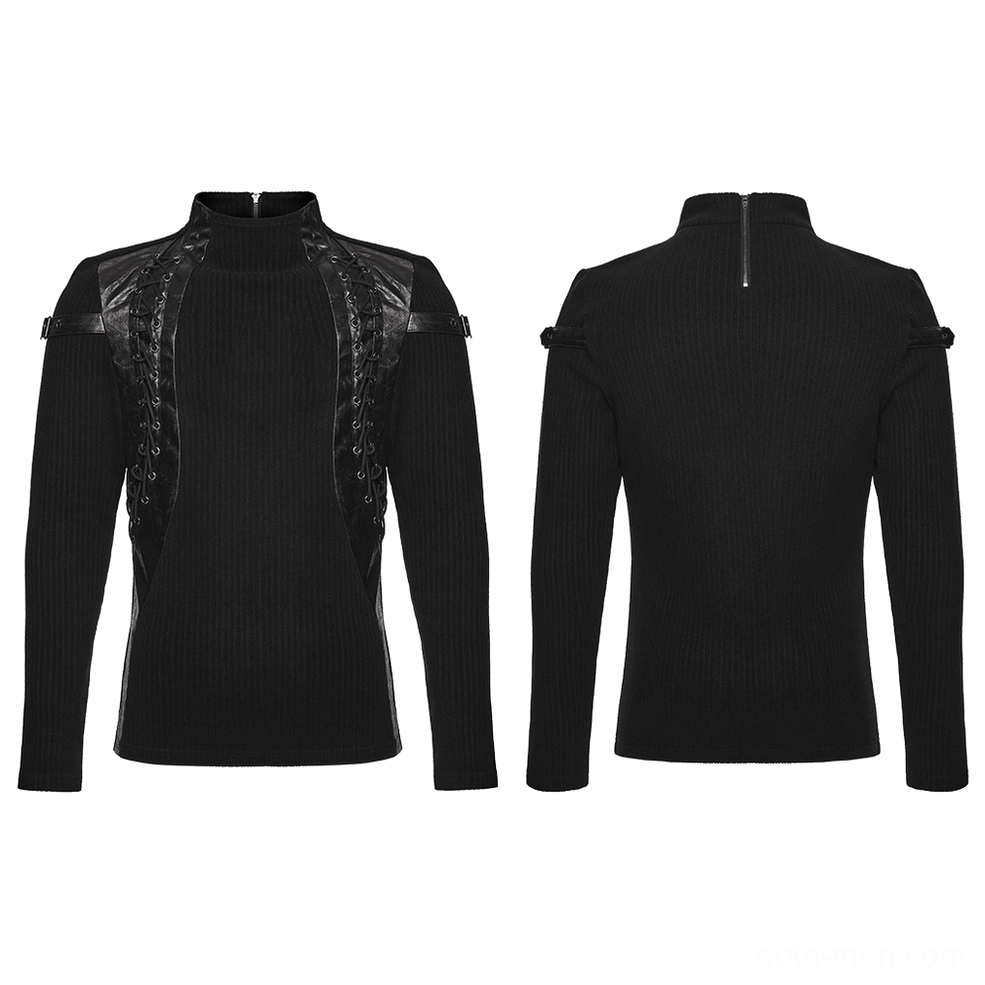 Black gothic knit top flat lay front and back display with faux leather lacing panels
