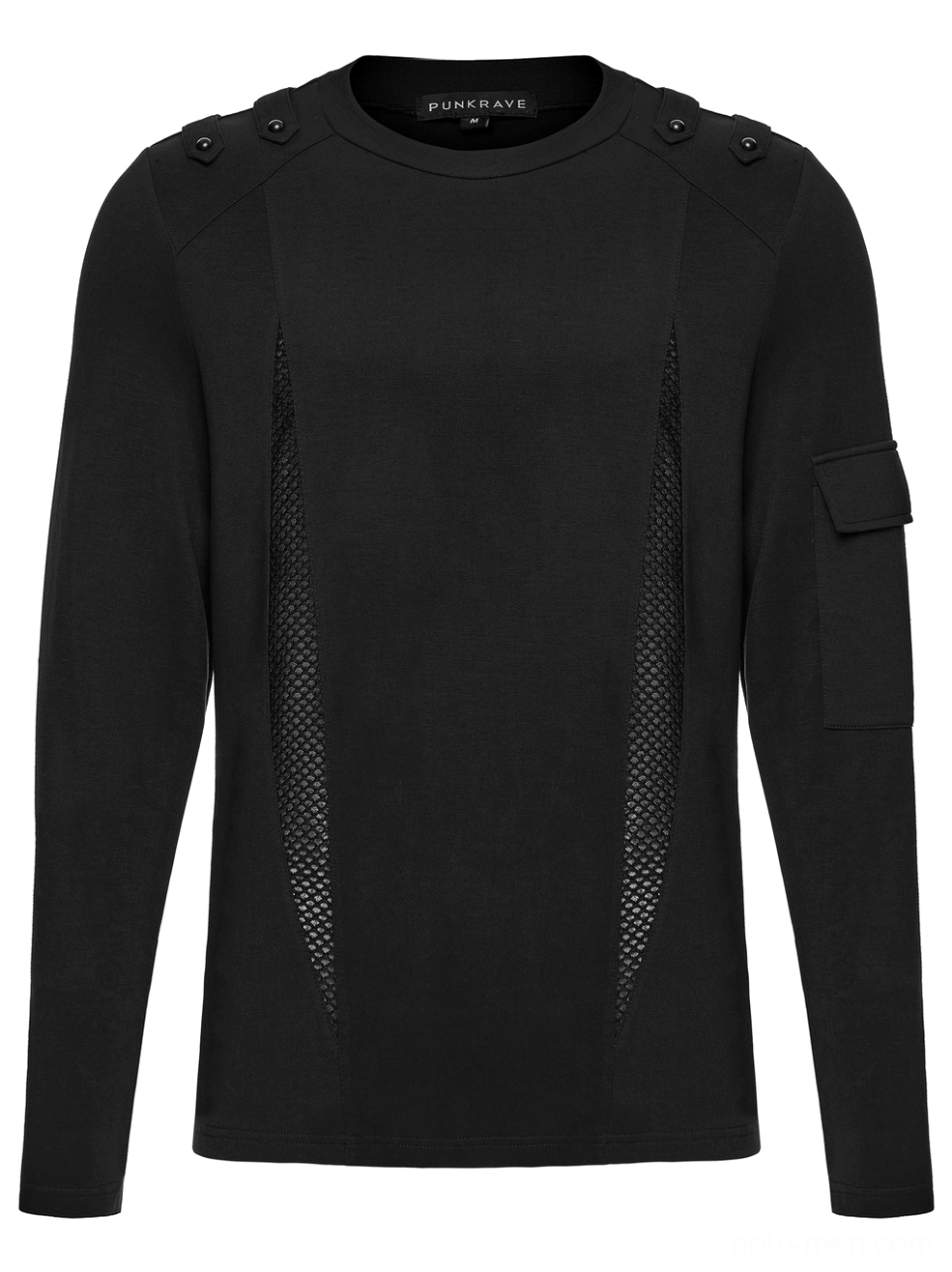 Front flat lay detail of black gothic long-sleeve top showing crew neckline, mesh panels and arm pocket