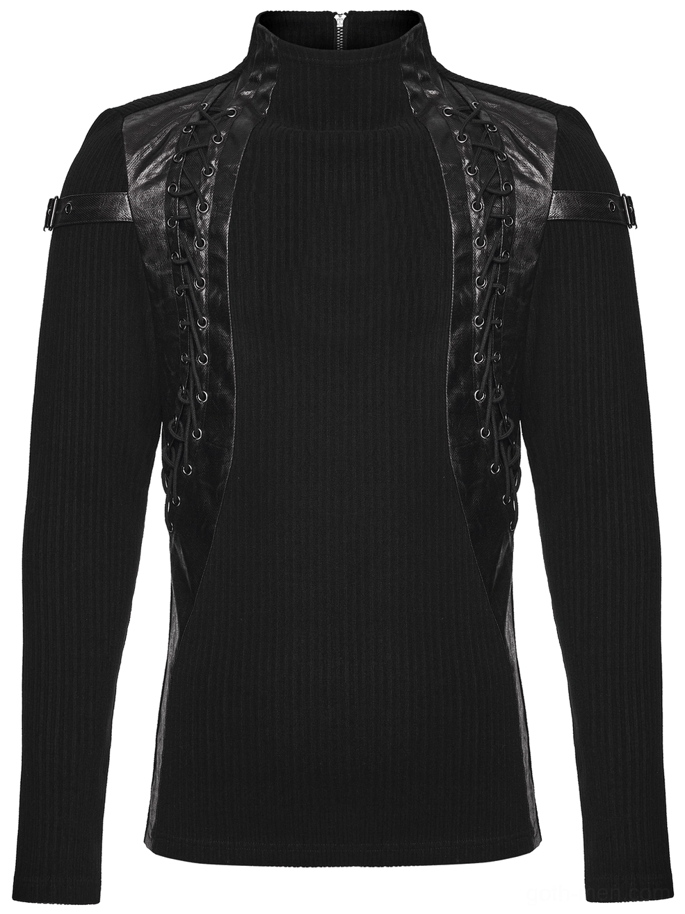 Front flat lay view of gothic mock neck top showing faux leather shoulder panel and lace-up details