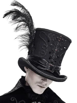 Elegant black wool gothic top hat with spiked lace detailing and metal buckle, front partial view