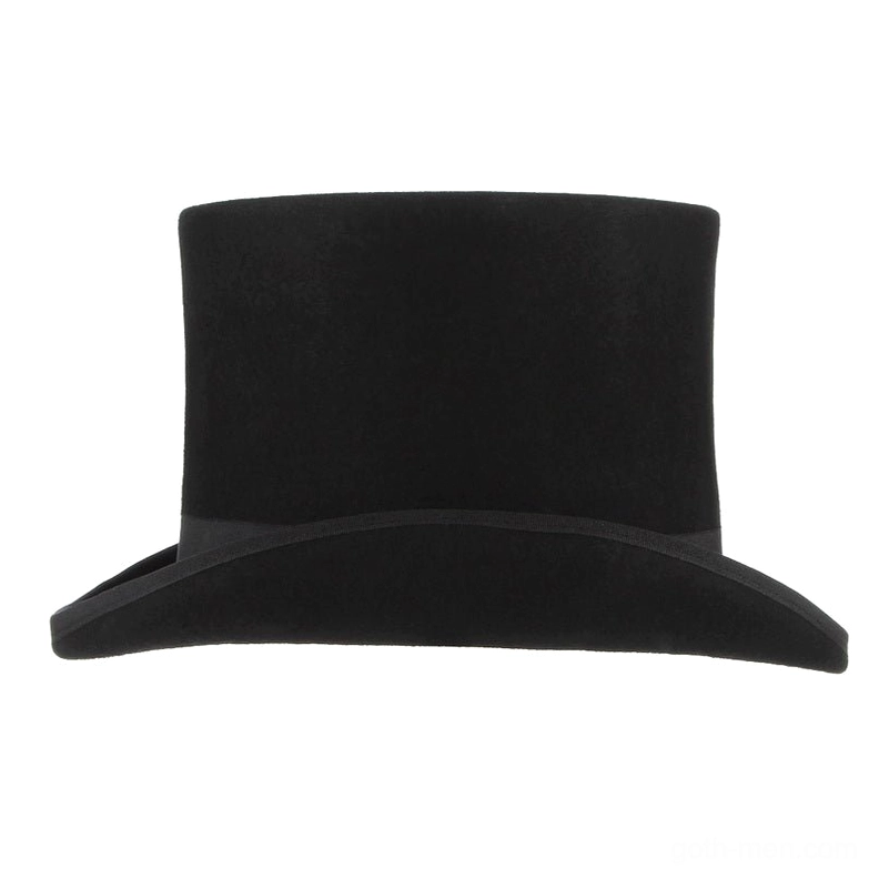 Black flat-crown wool top hat side profile view with matte wool felt texture and wide upturned brim