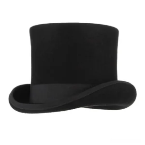 Black formal wool top hat front view with flat crown, wide satin hat band, and elegant roll-up brim detail