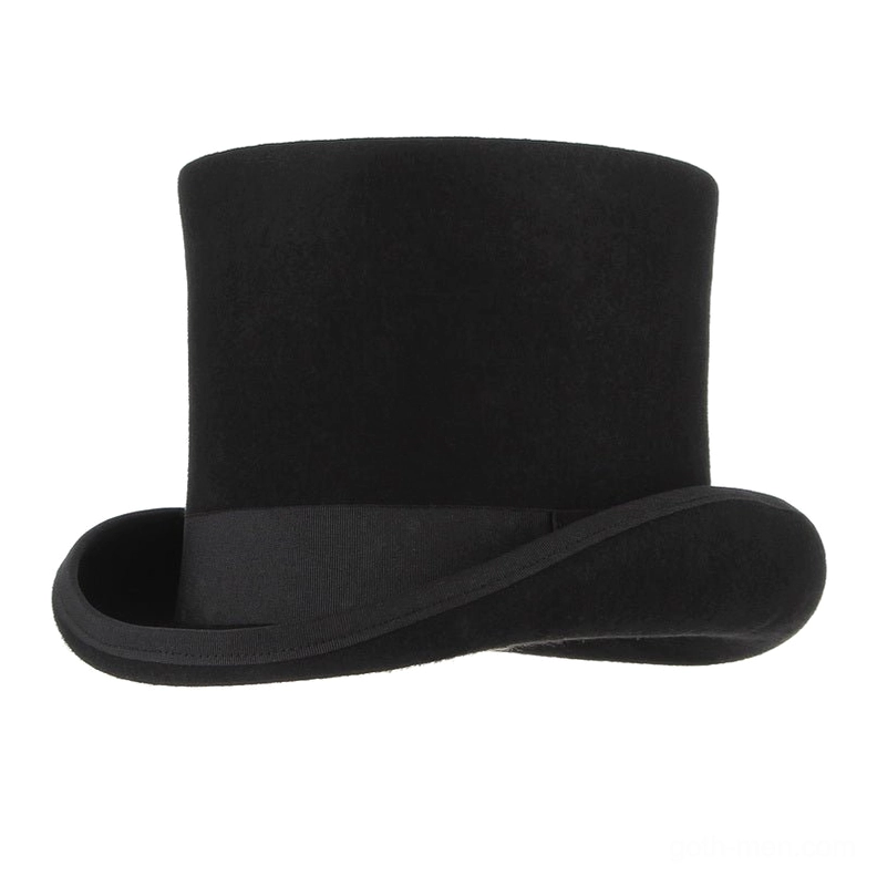 Black formal wool top hat front view with flat crown, wide satin hat band, and elegant roll-up brim detail