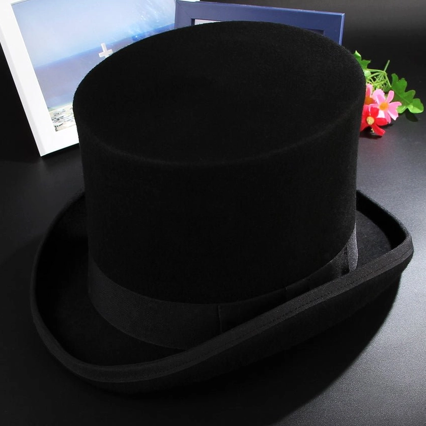 Black and white wool top hat collection featuring both classic gothic colors with satin bands and metal details